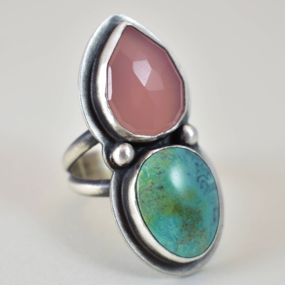 turquoise and rose quartz sterling silver ring